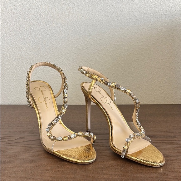 Jessica Simpson Shimmering Gold Heels with Crystal Accents - Picture 1 of 5